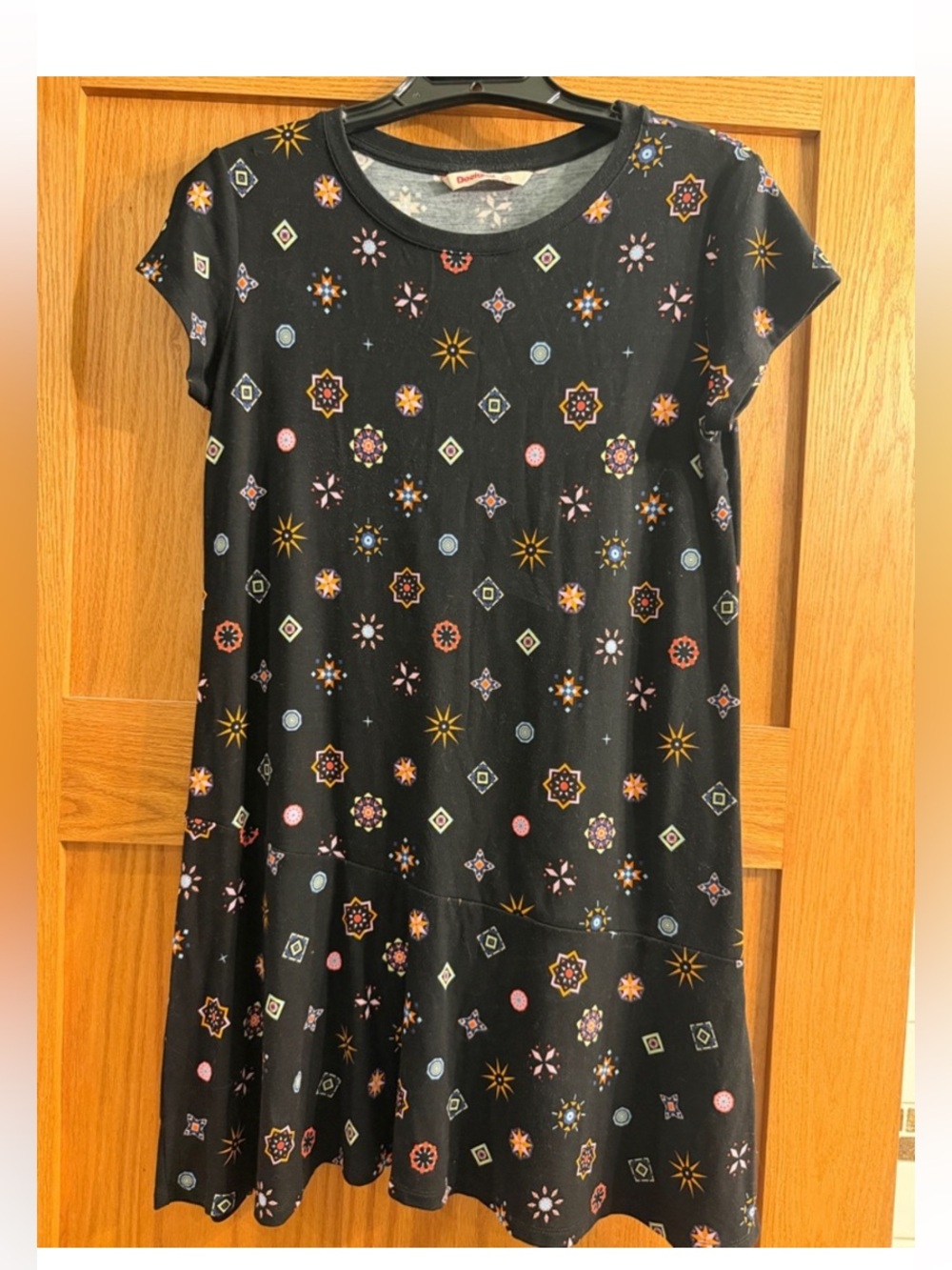 Desigual Black Mini Dress with Multicolor Starburst Print, size Medium